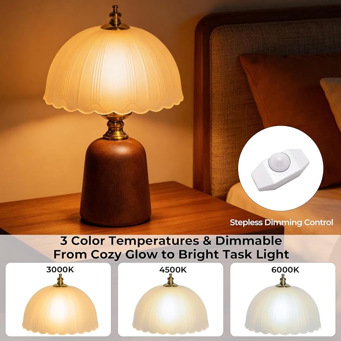 13“ Mid-Century Decorative Wooden Small Table Lamp, Frosted Scalloped Glass Shade, Solid Wood Base, Vintage Bedside Table Lamp for Bedroom Living Room, E26 Bulb Included