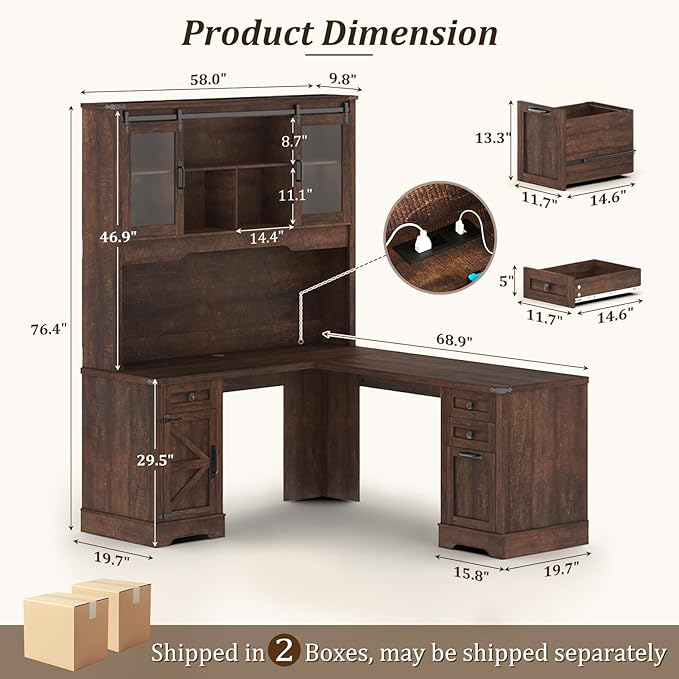 Squireewo 68.9'' Farmhouse L Shaped Desk with Hutch and Drawers, 76" High Wood Executive Home Office Desk with Charging Station, File Drawer and Cabinet, Computer Corner Desk with Sliding Doors, Brown