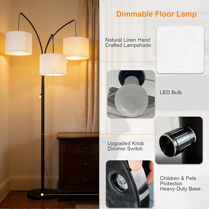 80 Inch Arc Floor Lamp for Bedroom, 3-Light Dimmable Standing Lamp for Living Room, 2400LM Super Bright Tree Lamp with Remote Control, Tall Floor Lamp for Office with Adjustable Arms & Weighted Base