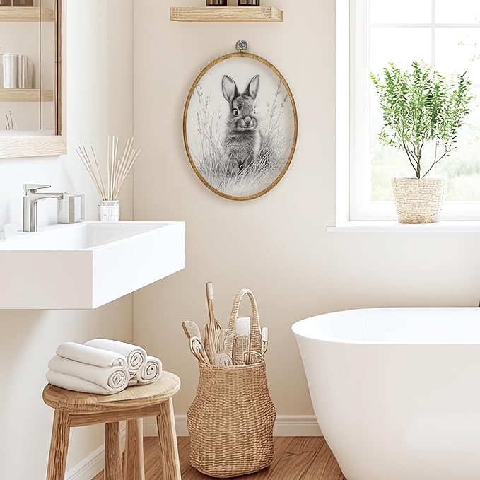 CGBHW Easter Bunny Oval Wall Art Decor, Rustic Farmhouse Bunny Canvas Prints Framed, Neutral Cottagecore Easter Sketch Rabbit Wall Art Hanging Decor for Home Kitchen Bedroom Living Room, 8.6x11.4 Inch