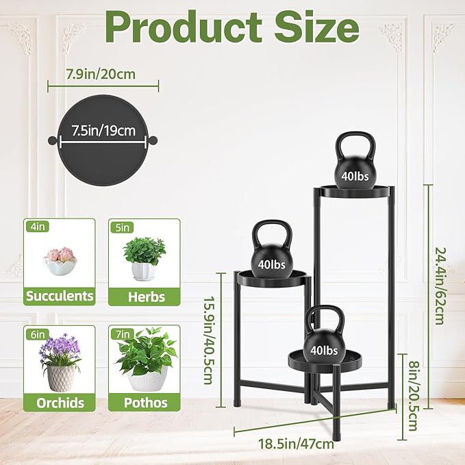 iDavosic.ly Plant Stand Indoor Outdoor, 3 Tier Corner Metal Flower Display Holder Shelf, Folding Tall Orchid Rack for Patio Balcony Porch Garden Living Room House, Black