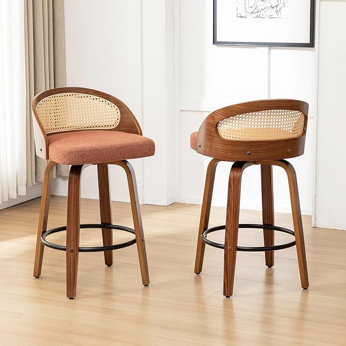 30" Swivel Rattan Bar Stools Set of 2,Mid-Century Modern Orange Linen Fabric Upholstered Counter Height Stools,Kitchen Island Barstools with Rattan Low Backrest,Walnut Wood Finish Bar Chair