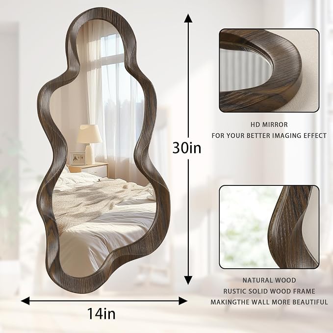 Asymmetrical Mirror Modern Wood Frame Unique Artistic Large Irregular Wall Mirrors Cute and Stylish Cloud Wavy Mirror Decorative for Cloakroom Bedroom Living Room Bathroom Entryway 30"x14"