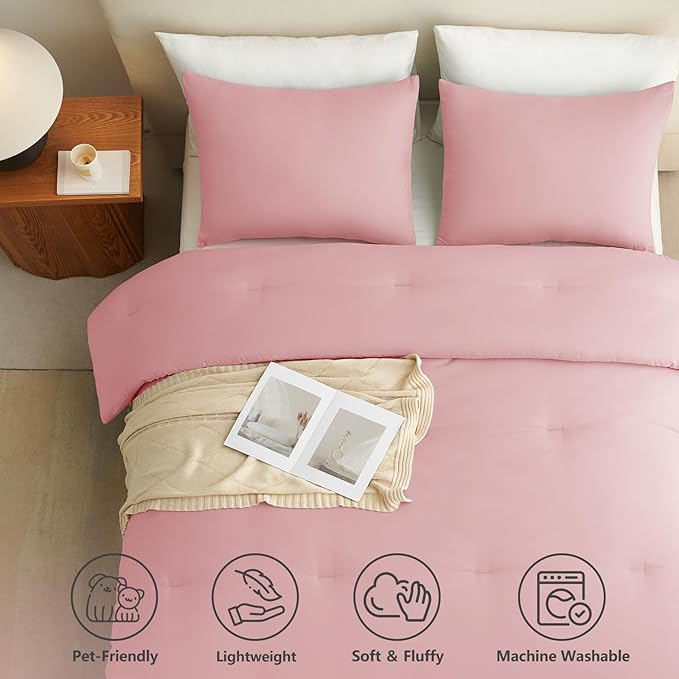 CozyLux King Size Comforter Set Pink, 3 Pieces Lightweight Down Alternative Quilted Bedding Sets, All Season Soft Breathable Solid Comforter with 2 Pillowcases, Luxury Bed Set Gift for Home