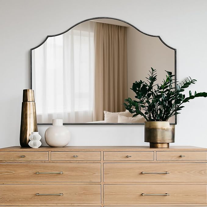 Besdomus Black Scalloped Wall Mirror: 40"x29" Large Modern Wooden Arched Dresser Mirror - Minimalist Fireplace Decorative for Bathroom/Bedroom/Mantel/Vanity/Entryway/Living Room - Stylish Home Decor