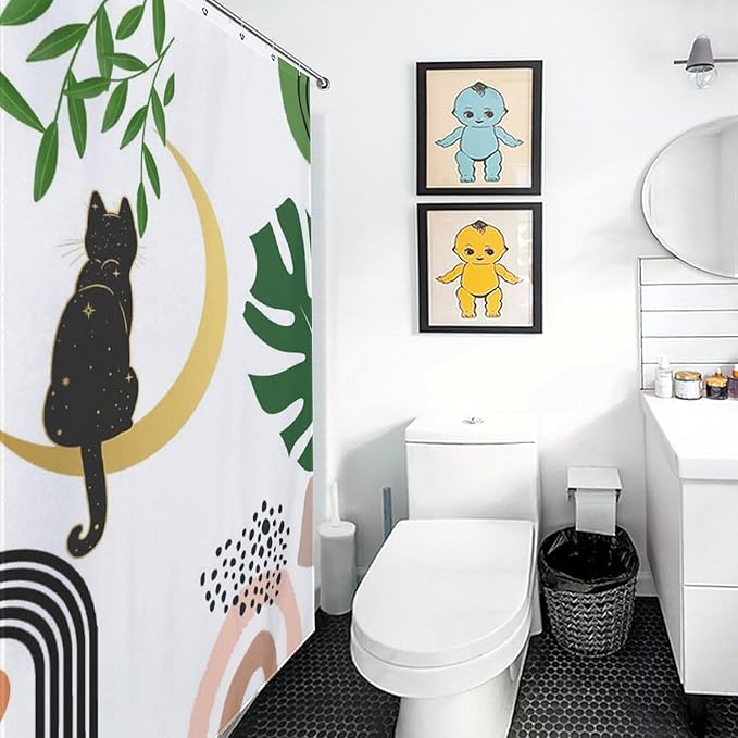 Boho Shower Curtains Funny Black Cat Abstract Green Leaf Arch Sun Moon Modern Minimalist Pattern Duty Fabric Shower Curtain Set Bathroom Polyester Waterproof with 12 Hooks, 55x72Inch（140x183cm）