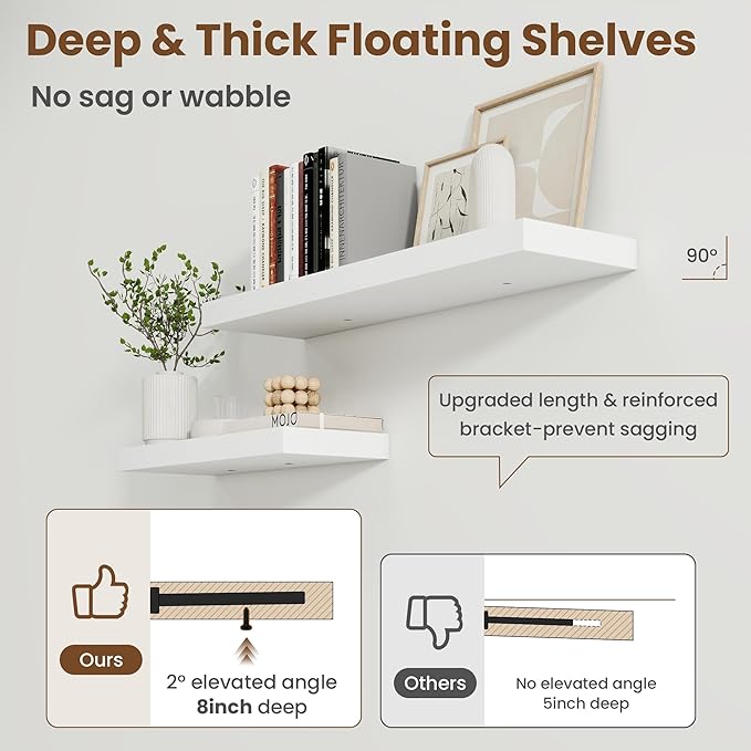 40 Inch Floating Shelves for Wall, 8 Inch Deep Floating Shelf for Storage & Display, Rustic Wall Mounted Shelf with Invisible Brackets for Living Room, Kitchen, Bathroom, Home Decor, Set of 2, White