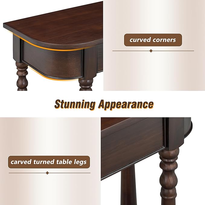 SOFTSEA Retro Curved Console Table with Drawer and Bottom Shelf, 36 inch Half Moon Entryway Table for Living Room Hallway, Espresso