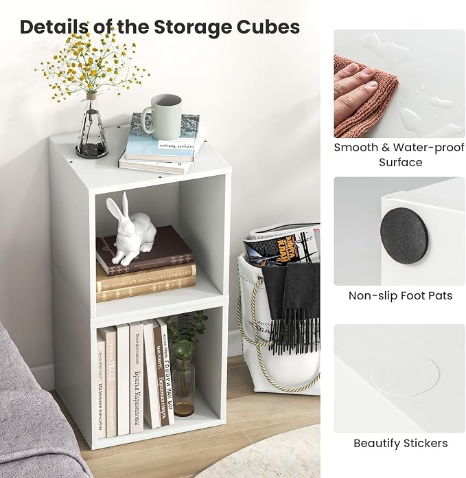 2 Stackable Cubes Bookcase, Wooden Cubby Storage Organizer with Anti-Tipping Device, Small Book Shelf for Small Space, Combination Square Bookshelf Cubes (1, White)
