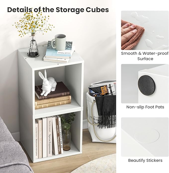 Giantex 2 Cube Bookshelf Organizer, 2-Tier Stackable Cube Storage Organizer, Small Wooden Open Book Shelf with Anti-toppling Device, Wood Floor Standing Display Shelving Bookcase, White