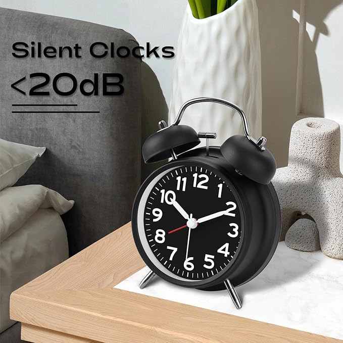 AKCISOT Loud Alarm Clock for Heavy Deep Sleepers, 4.5 Inches Analog Metal Twin Bell Clocks Battery Operated with Backlight for Bedroom Bseide, Old Fashioned for Desk Home Decoration (Black)