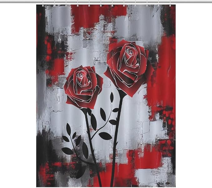 Red Rose Abstract Shower Curtain Nature Red Rose Floral Valentine's Day Artistic Waterproof Shower Curtains for Bathroom Decor 12 Pack Hooks 55x72in（140x183cm）