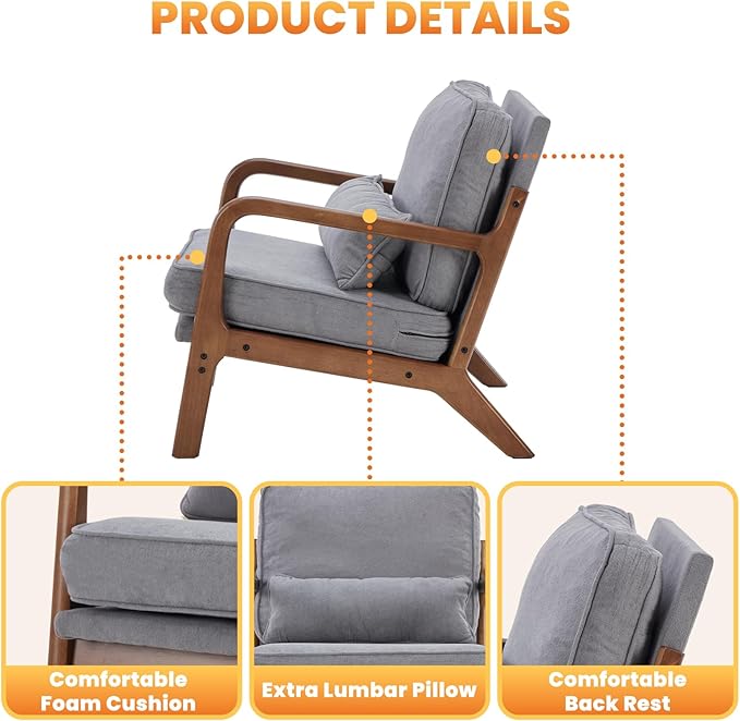 DUMOS Accent Chair Mid Century Modern Chair with Arms and Waist Cushion, Reading Chairs for Adults with Solid Frame, Lounge Side Sitting Armchair for Living Room, Bedroom, Balcony, Light Grey