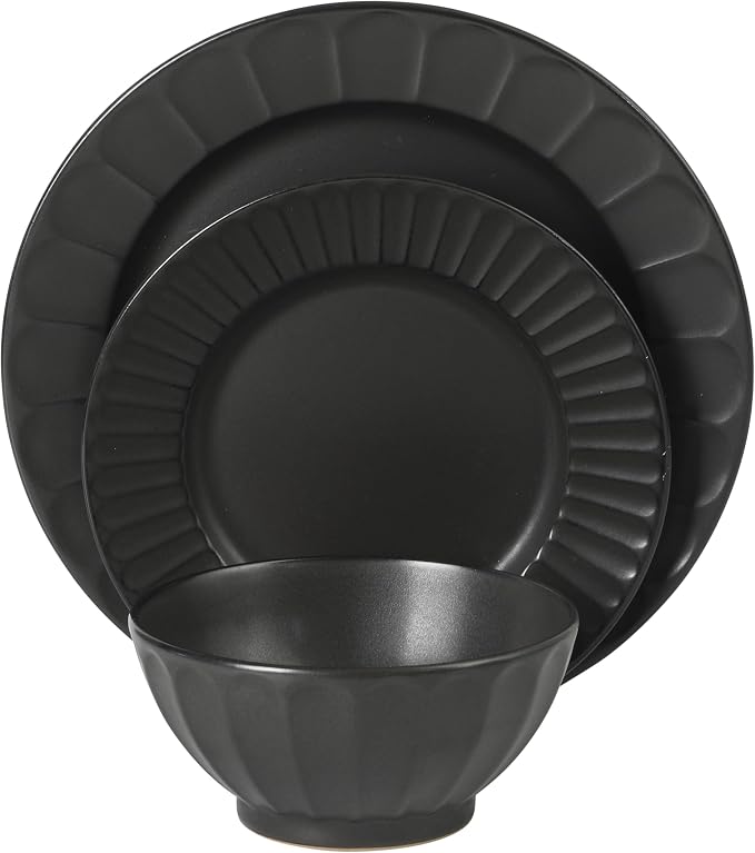 Gibson Elite Winchester Way 12-Piece Embossed Stoneware Dinnerware Set – Reactive Matte Glaze, Durable Lightweight-Tech Plates & Bowls, Everyday Dish Set, Microwave & Dishwasher Safe – Black
