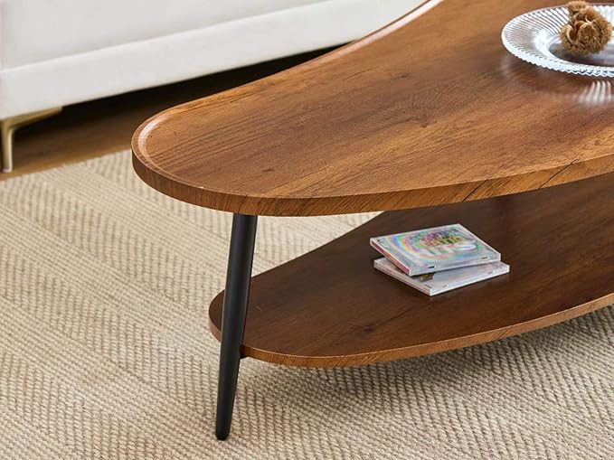 Shrine Mango-Shaped Wood Coffee Table, Mid-Century Modern Coffee Table, Brown Walnut Table for Living Room, D47.2''x W25''x H15.3'', Sleek Conical Metal Legs with Black Finish