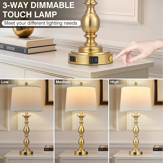 28" Tall Modern Table Lamps Set of 2 with USB A+C Ports and AC Outlet, 3 Way Touch Metal Bedside Lamps for Bedroom, Gold Farmhouse Nightstand Lamps for Living Room