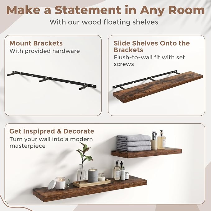 55 Inch Floating Shelves for Wall Set of 2, 8"D Wood Grain Bathroom Shelves with Invisible Brackets, Easy Install Engineered Wood Storage Shelves for Kitchen, Living Room, Bedroom, Rustic Brown Finish