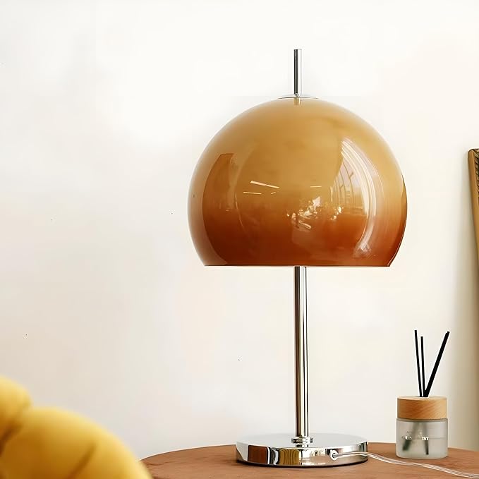 Bofea-Mid Century Modern Glass Table Lamps,Mushroom Desk Lamp with Orange Dome Glass Shade,Chromium Color Mushroom Lamp for Room Aesthetic Modern Lighting for Bedroom/Living Room.