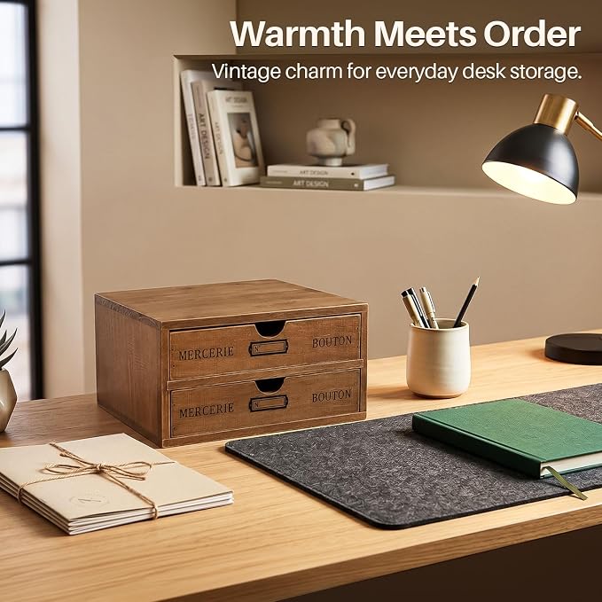 Flexzion Wood Desk Organizer with 2 Drawers, Vintage Desktop Drawers Cabinet for Office Supplies, Home Workspace, Countertop, Vanity, Craft Tools & Mail, No Assembly Required