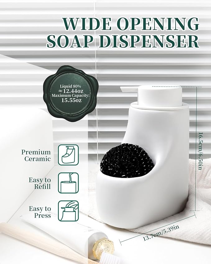 Ceramic Lotion Dispenser - 12 oz Bathroom Hand Pump Dispenser Hand Dish Soap Dispenser Bottles Black Pump Dish Liquid Dispenser for Kitchen… (Ceramic, White Foam Dispenser with Sponge)