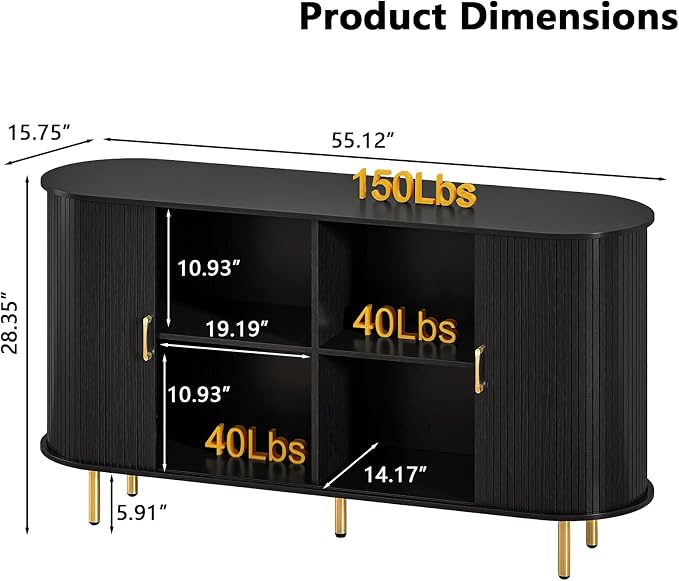 PUKAMI 55" Wood Buffet Sideboard Cabinet with Storage, Mid-Century Modern Coffee Bar Cabinet with Sliding Doors & Shelves, Accent Credenza Console Table for Kitchen, Dining Room, Entryway (Black)
