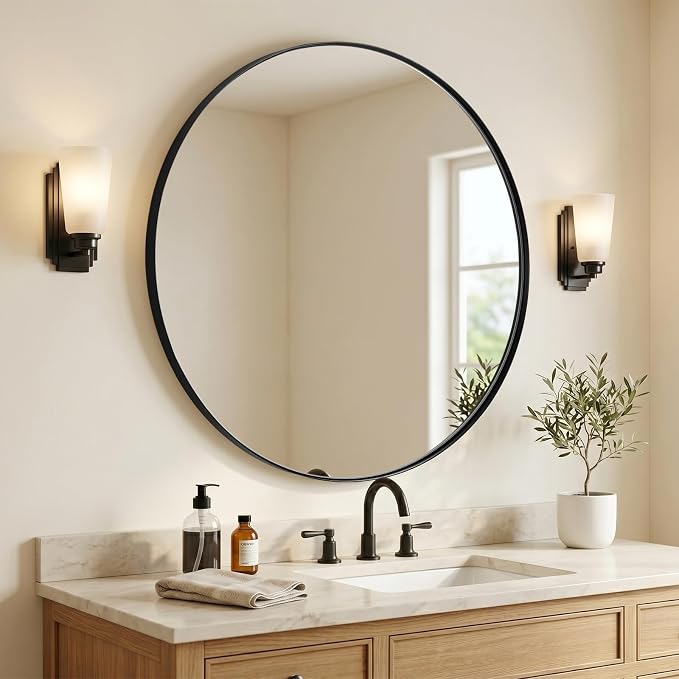 ANDY STAR Round Black Mirror for Bathroom, 40" Large Bathroom Mirrors for Over Sink, Anti-Rust Modern Wall Mirror,1 Inch Deep Set Design, Heavy Duty, 4MM HD Glass, 9MM Thicker Backboard
