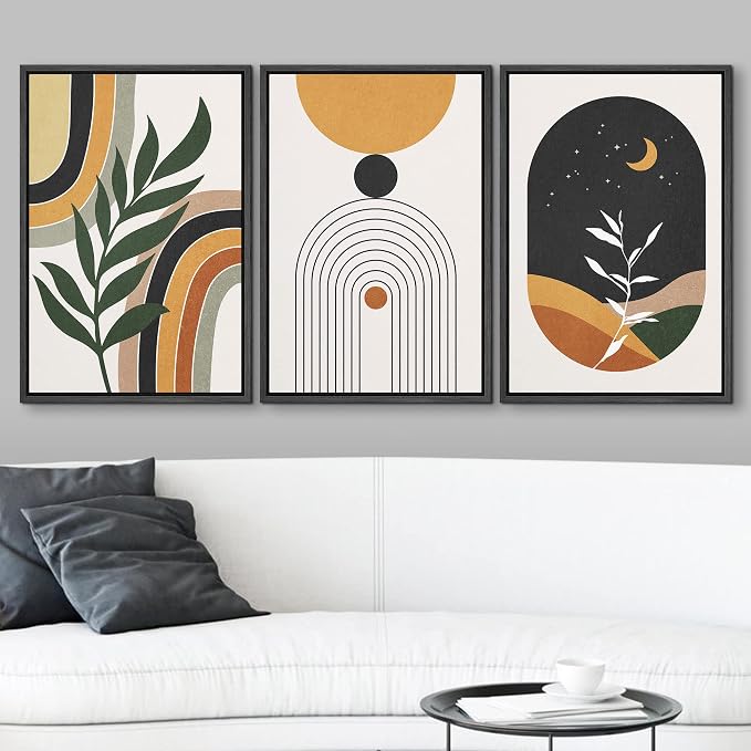 wall26 Framed Canvas Print Wall Art Set Boho Mid-Century Crescent Moon Plant Landscape Nature Abstract Illustrations Modern Art Bohemian Decorative for Living Room, Bedroom, Office - 16"x24"x3 Black