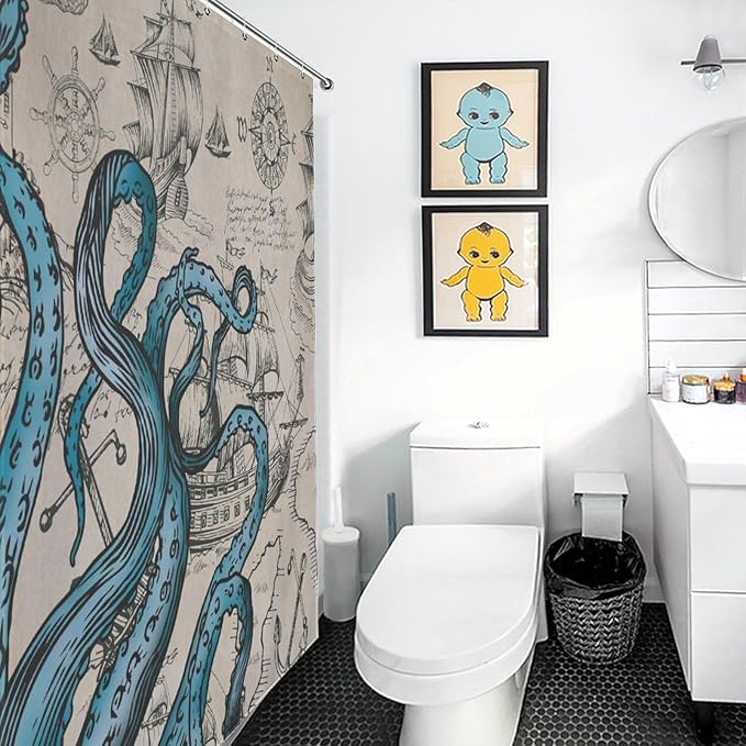 Nautical Octopus Shower Curtain,Funny Monster Ocean Kraken Pirate Ship Sailboat Retro Nautical Map Pattern Rural Bathroom Curtain Waterproof Fabric Machine Washable with Hook,72x72Inch