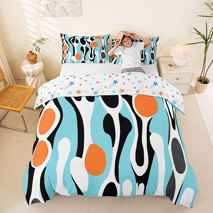 Erosebridal Organic Abstract Duvet Cover Set Modern Contemporary King Bedding Set for Adult Men Boho Mid Century Wavy Lines Comforter Cover Retro Geometric Bed Sets,Turquoise Orange