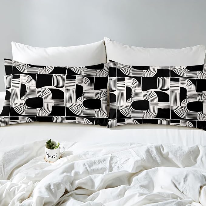 Erosebridal Black White Boys Duvet Cover Queen Size Bohemian Geometric Bedding Set 3 Piece Mid Century Abstract Comforter Cover Boho Stripes Minimalist Bed Sets for Kids Teens Adult Men Bedroom Decor