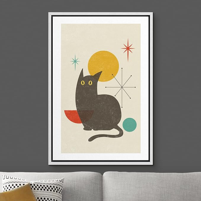 Woodrose Framed Canvas Print Wall Art Retro Vintage Geometric Black Cat Animals Shapes Illustrations Modern Minimalist Chic Relax/Calm Multicolor for Living Room, Bedroom, Office - 16"x24" White