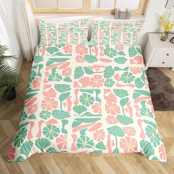 Erosebridal Retro Abstract Boho Floral Bedding Set Twin Mid Century Modern Duvet Cover Pink Green Flower Patchwork Geometric Comforter Cover for Kids Adults,Vintage Retro Botanical Bed Set