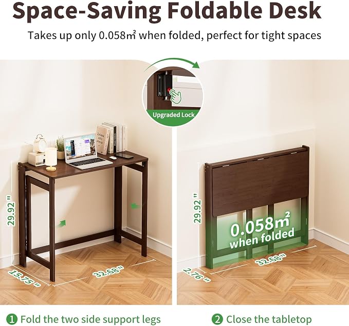 Bamboo Foldable Desk, Folding Desks for Small Spaces, 32.68 Inch Small Foldable Computer Table, Space Saving Sofa Table for Couch, Bedroom or Home Office, Brown