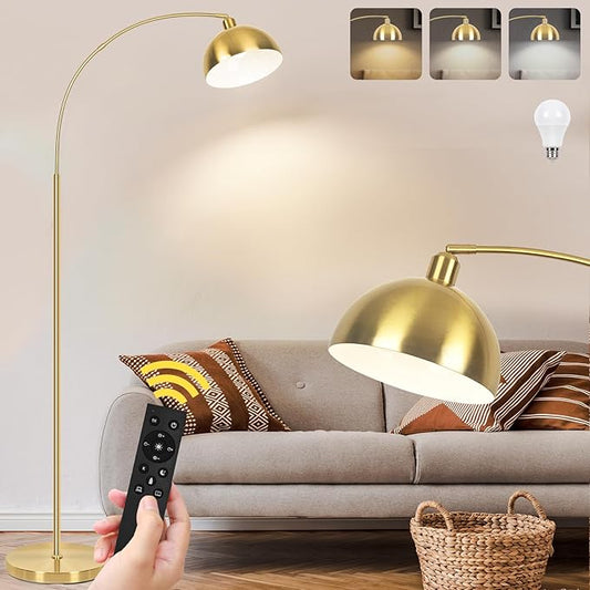 VenzBlomia 【Upgraded】 Arc Floor Lamps for Living Room - Stepless Dimmable Gold Tall Lamp with Remote Control & Color Temperature 9W LED Bulb, Over Couch Arched Reading Standing Lamp for Bedroom Brass