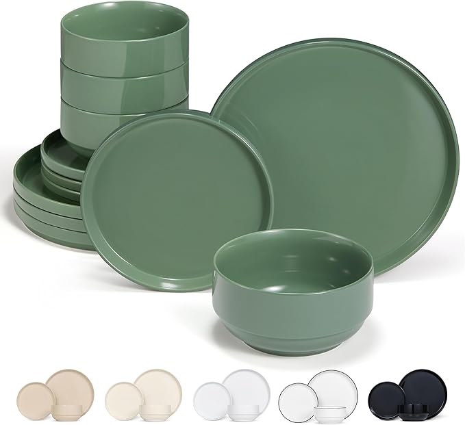 Vase and Vessel Ceramic Dinnerware Set, 12-Piece Service for 4, Round, Microwave and Dishwasher Safe, Cambridge Classics (Dusty Jade)
