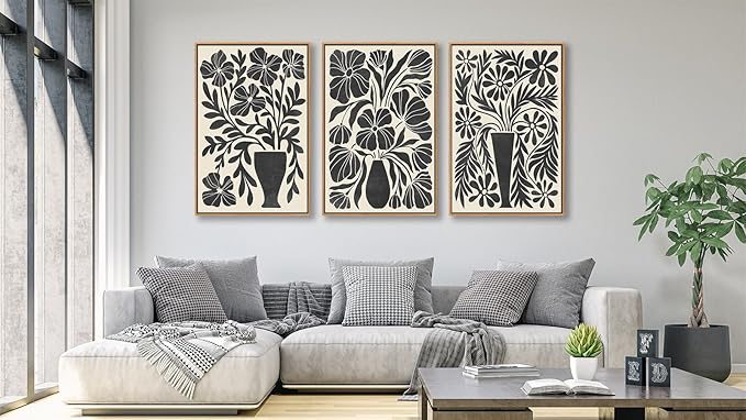arteWOODS Botanical Framed Wall Art - Neutral Abstract Pictures Vintage Boho Floral Wall Decor Black Beige Minimalist Prints Aesthetic Vase Flowers Painting Artwork 20" x 28" Set of 3 Natural Framed