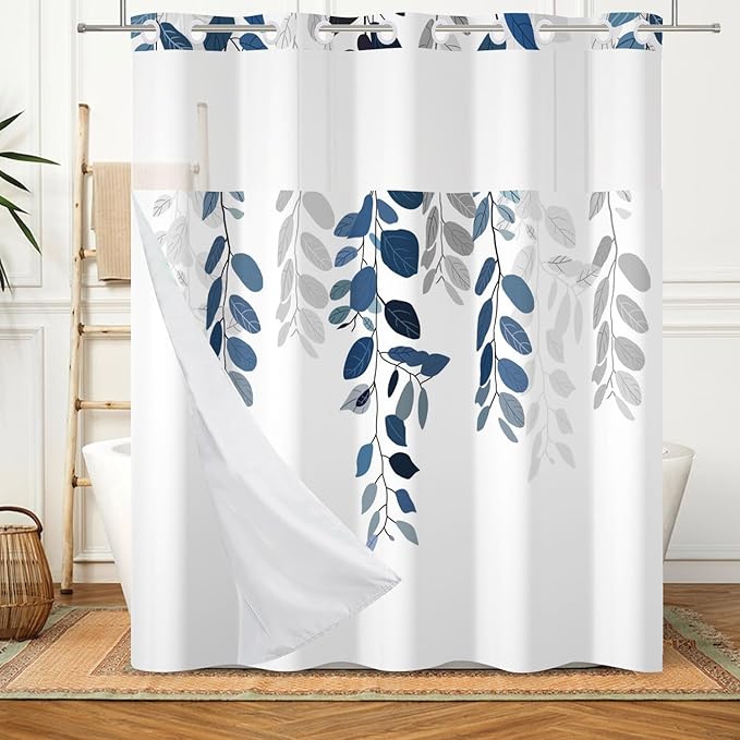 No Hook Eucalyptus Shower Curtain with Snap in Liner Blue Leaves Plant Shower Curtain with Liner Double Layers Hotel Fabric Washable 71x74 Inch