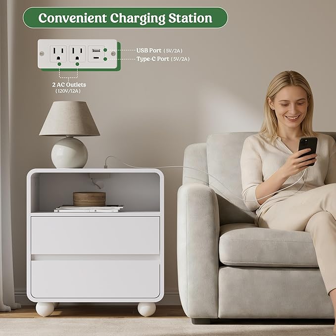 Lulive Wood Night Stand with Drawers, Modern Bedside End Table with Charging Station, Curved Profile Design Storage Nightstand for Bedroom, White