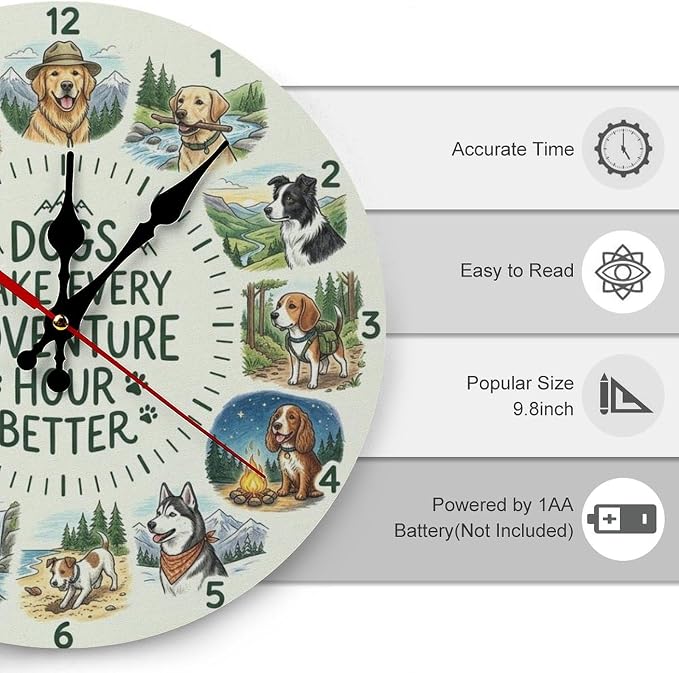Dog Adventure Wooden Wall Clock Silent Non Ticking | Cute Pet Animal Home Decor for Kitchen Living Room Bedroom Office | Unique Gift for Dog Lovers