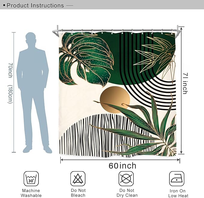 Miyotaa Emerald Green Abstract Shower Curtain Set 60Wx71H Inches Vintage Minimalist Aesthetic Modern Contemporary Plant Leaves Polyester Waterproof Cloth Bathroom Curtain with 12 Hooks