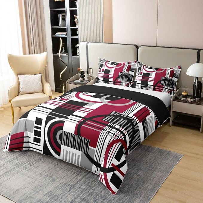 Erosebridal Art Deco Mid Century Duvet Cover Set Retro Modern Abstract Geometric 100% Cotton Comforter Cover Black and White Burgundy Circles Stripes King Bedding Set, Contemporary Bed Sets