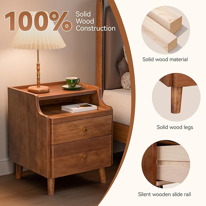 Solid Wood Nightstand Set of 2, Pre-Assembled, 19.7”H Mid Century Modern Night Stand with Drawers, Open Sliding Shelf, Small Bedside Table for Bedroom, End Side Table, Walnut