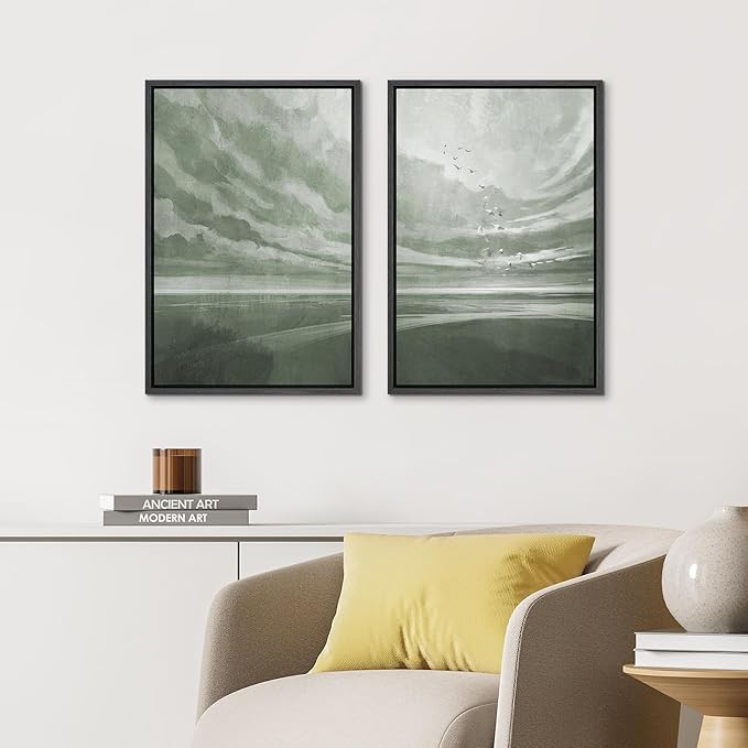 IDEA4WALL Framed Canvas Print Wall Art Set Green Horizon with Birds Serene Landscape Sky Illustrations Modern Art Decorative Bohemian Calm/Zen for Living Room, Bedroom, Office - 16"x24"x2 Black