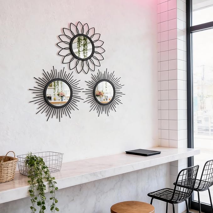Set of 3 Black Metal Sunburst Wall Mirrors - 12" Round Decorative Art for Living Room Bedroom Bathroom Entryway, No Assembly Required, Rust Resistant Design