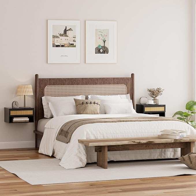 Floating Nightstand With Drawer - Small Modern Shelves for Bedroom, Bathroom (Black Rattan)
