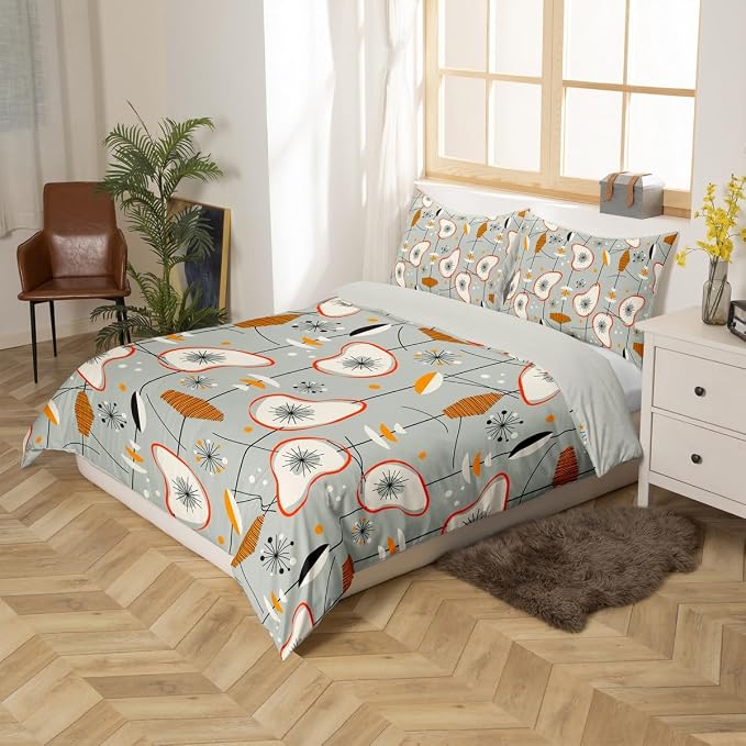 Erosebridal Grey Old Fashion Bedding Sets Full Abstract Atomic Comforter Cover, Brown Red White Aestheitc Bed Set Boho Mid Century Duvet Cover, Minimalism Lines Quilt Cover 3 Pieces (Zipper Closure)