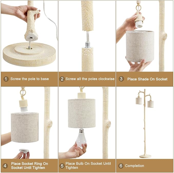 EJIAXIN Floor Lamp for Living Room - 69" Rustic Farmhouse Tree Trunk Tall Lamp with 2 Country Vintage Reading Light - Standing Tall Lamps for Bedroom Office Home Decor (Almond White, Bulb Included)
