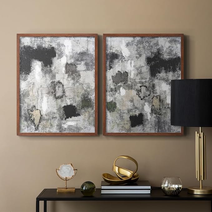 Renditions Gallery Set of 2 Peel & Stick Framed Prints, Abstract Wall Art, Hand Painted Black and White Pattern Wall Decor, Re-Stickable - Ready to Hang - 11"x14" - Walnut Frame LT588