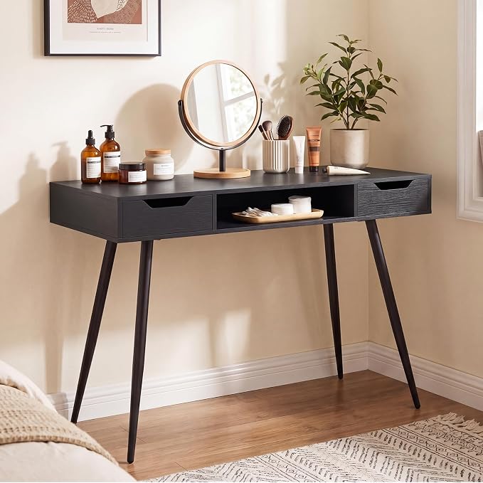 Tangkula Mid Century Modern Computer Desk, Writing Desk with 2 Drawers & Open Center Storage, Small Wooden Study Table for Home Office & Compact Spaces (Black)