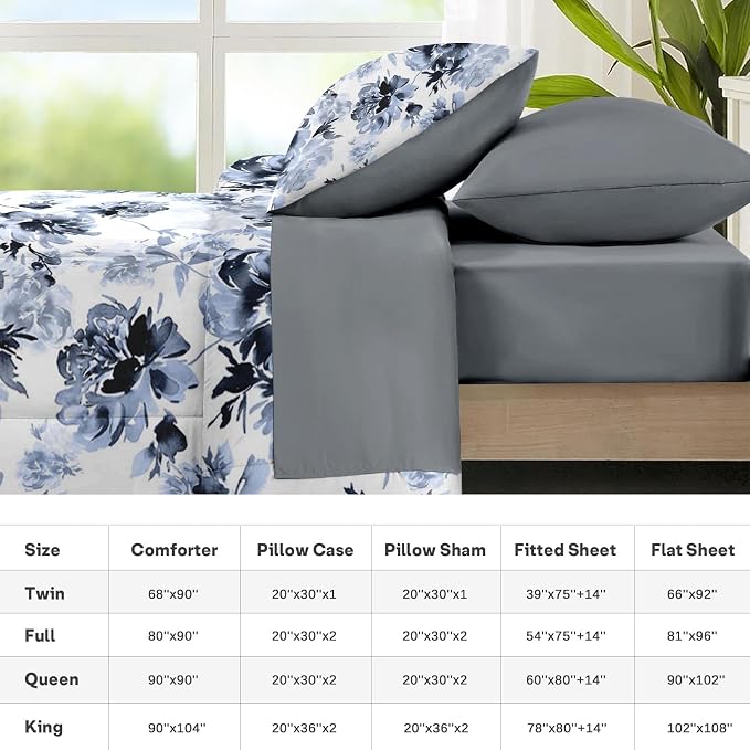 Nesker Comforter Set King Size, Navy Blue Floral 7 Pcs Bedding for Kids and Adults, Blue White Abstract Bed Sheet Sets with Fitted Sheet 2 Pillowcases & 2 Shams